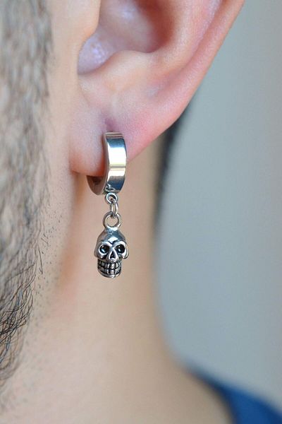 Sacce Scarves&Accessories Men's Silver Colored Skull Figured Steel Hoop Earrings - Antique Skull