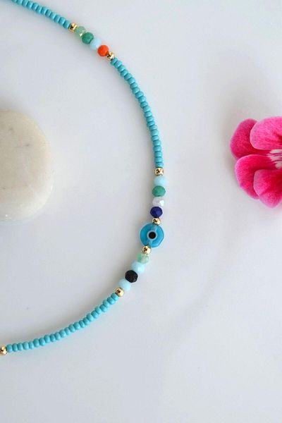 Sacce Scarves&Accessories Turquaz Sand - Small Evil Eye Beaded Anklet