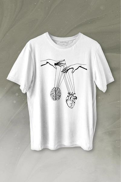 Kendim Seçtim Κρεμαστό μπλουζάκι Heart And Brain Love Mind Logic Minimal printed T-shirt Unisex μπλουζάκι