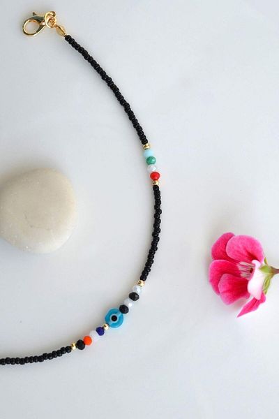 Sacce Scarves&Accessories Black Sand Beaded Anklet for Small Evil Eye