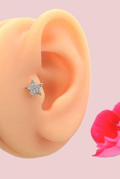 Sacce Scarves&Accessories Zirkon Taşlı Arkası Düz Çelik Yıldız Tragus Piercin...