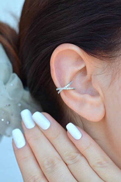 Sacce Scarves&Accessories Delik Gerektirmeyen Kıkırdak Küpesi Çapraz Model Earcuff Gümüş Renk
