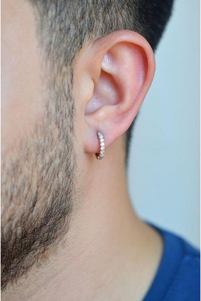 Sacce Scarves&Accessories Men's Silver Colored Zircon Stone Steel Hoop Earrings