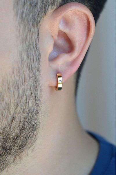 Sacce Scarves&Accessories Gold Colored Men's Steel Hoop Earrings - Solitaire Detailed