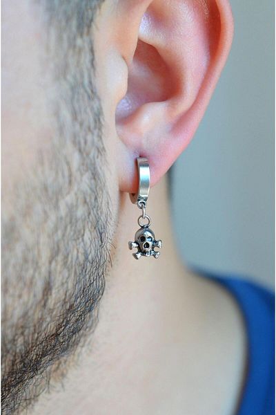 Sacce Scarves&Accessories Men's Silver Colored Skull Figured Steel Hoop Earrings