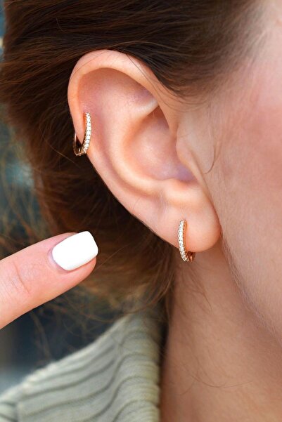 Sacce Scarves&Accessories Rose Gold Renk Taşlı Mini Halka Küpe Günlük Kullanıma Uygun Dayanıklı Küpe