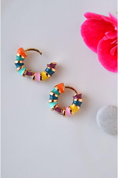 Sacce Scarves&Accessories Renkli Mineli Bombeli Çelik Halka Küpe