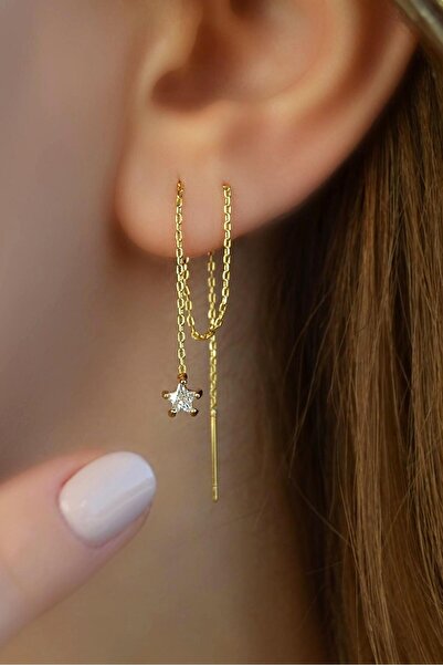 Sacce Scarves&Accessories Yıldız Taşlı Uzun Zincir Küpe Geçmeli Dolanan Zincirli Küpe