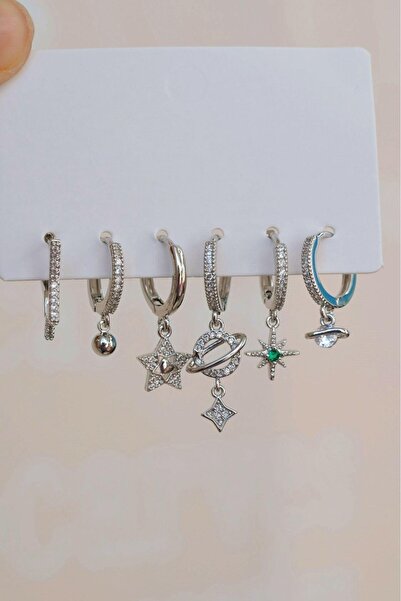 Sacce Scarves&Accessories Yıldız Gezegen Kuzey Yıldızı Küpe Seti 6 Parça Çok Yıldızlı Küpe Gümüş Renk