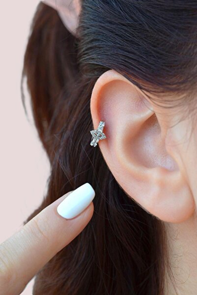 Sacce Scarves&Accessories Gümüş Renk Zirkon Taşlı Küçük Göz Halka Helix Piercing Kıkırdak Lob Küpesi Tek Adet