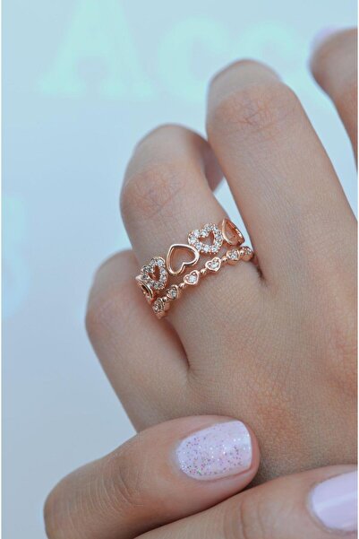 Rose Color Double Row Heart Ring Adjustable Joint Ring