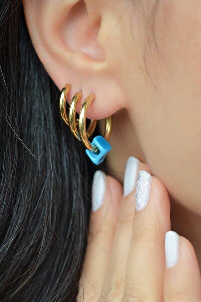 Sacce Scarves&Accessories Mavi Boncuklu Çelik Halka Küpe Seti 3'lü Gold Renk