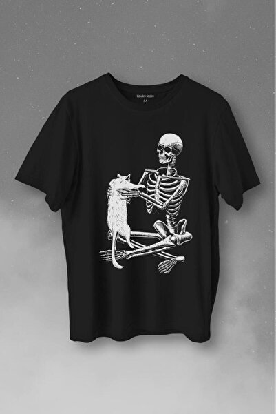 Kendim Seçtim İskelet Ölünceye Kadar Kedi Seveceğim Skeleton Cat Love Baskılı Tişört Unisex T-shirt