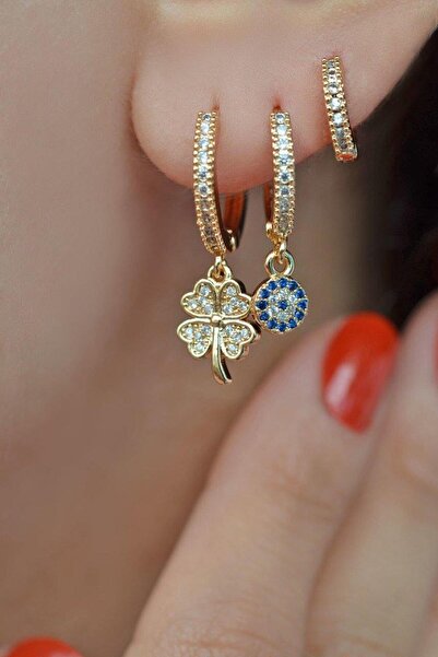 Sacce Scarves&Accessories Altın Renkli Yonca Detaylı Üçlü Küpe Seti