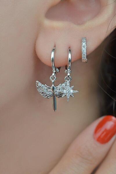 Sacce Scarves&Accessories Gümüş Renkli Melek Kanadı Detaylı Üçlü Küpe Seti