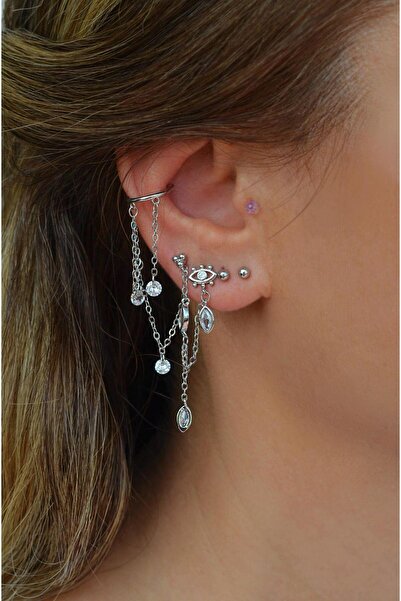 Sacce Scarves&Accessories 5 Parça Zincir Salantılı Earcufflı Küpe Seti Kıkırdaklı Küpe Seti Gümüş Renk