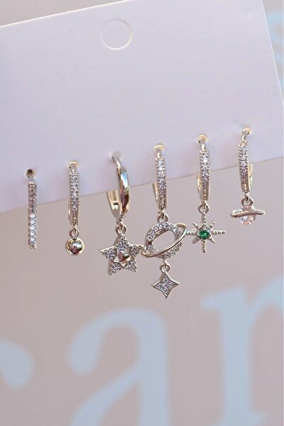 Sacce Scarves&Accessories Yıldız Gezegen Kuzey Yıldızı Küpe Seti 6 Parça Çok Yıldızlı Küpe Gümüş Renk