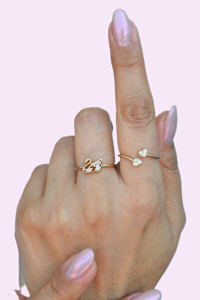Swan and Mini Heart Figure Ring Adjustable Joint Ring Thin Ring Set Gold