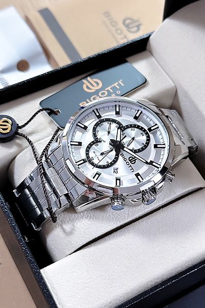 Bigotti Custom Boxed 5 Atm Waterproof Men Wristwatch Silver Color Steel Band + Gift Bracelet Bme2017C4