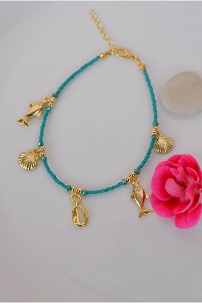 Sacce Scarves&Accessories Blue Color Bead Anklet with Seashell Charm