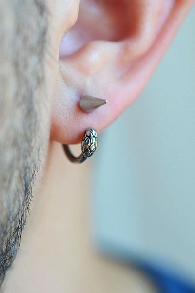 Sacce Scarves&Accessories Silver Colored Snake Figured Men's Earrings - Special Design