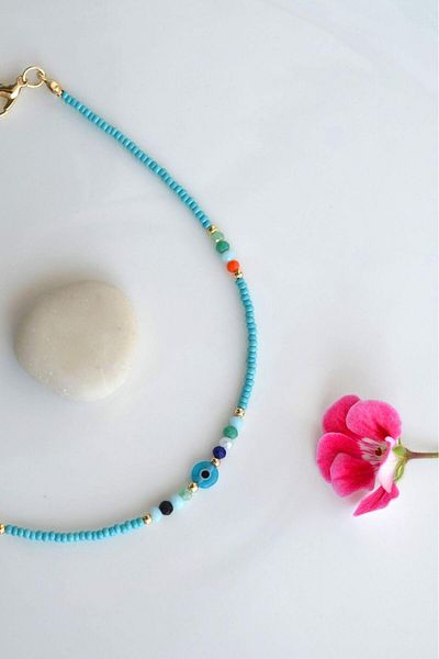 Sacce Scarves&Accessories Turquaz Sand - Small Evil Eye Beaded Anklet