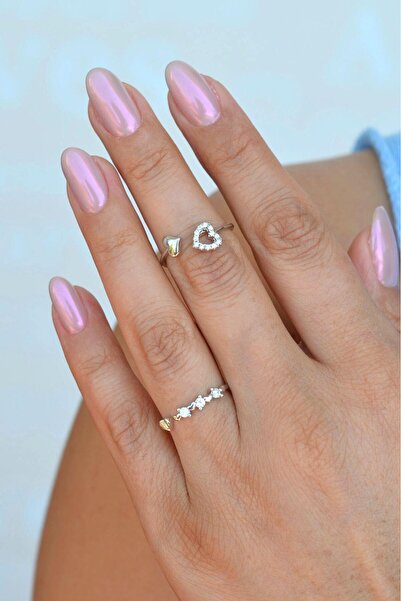 Mini Heart Double Ring Adjustable Joint Ring Thin Ring Set Silver