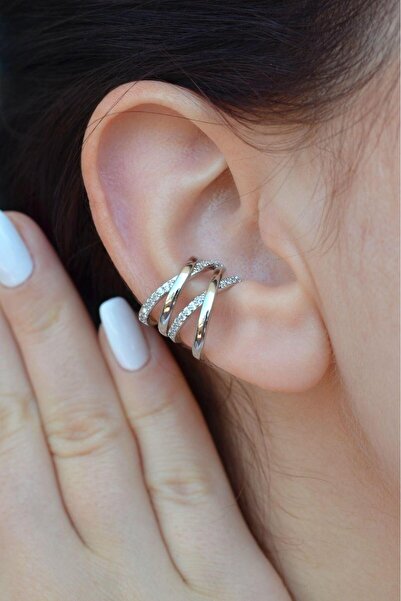 Sacce Scarves&Accessories Gümüş Renkli Çapraz Atmalı X Çok Sıralı Earcuff Kıkırdak Küpesi
