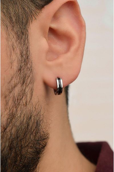 Sacce Scarves&Accessories Black And Silver Colored Men's Steel Hoop Earrings