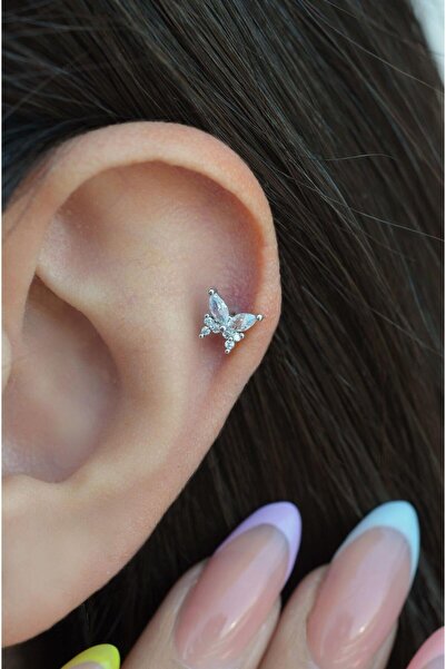 Sacce Scarves&Accessories Zirkon Gümüş Renk Kelebek Helix Piercing Kıkırdak Lob