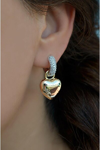 Sacce Scarves&Accessories İki Renkli Bombeli Kalp Charmlı Zirkon Küpe Kalpli ...