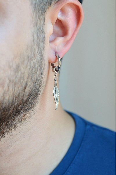 Sacce Scarves&Accessories Men's Silver Colored Leaf Charm Steel Hoop Earrings