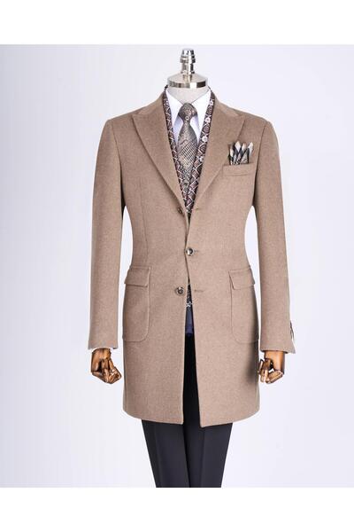 TerziAdemAltun Ανδρικό παλτό βιζόν T13366 με μάλλινο μείγμα με μυτερό γιακά σε ιταλικό στυλ