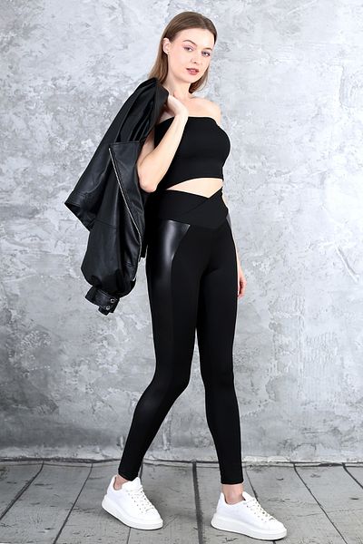 MAXFIT Jambiere de damă negre cu talie înaltă din piele cu detalii