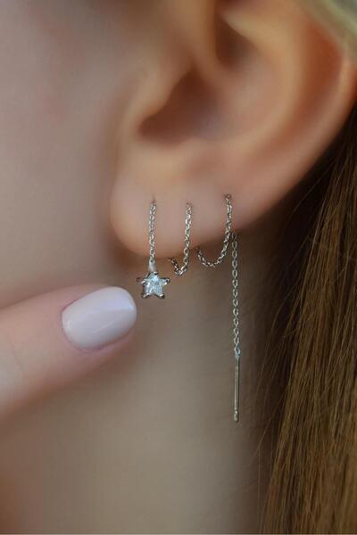 Sacce Scarves&Accessories Yıldız Taşlı Uzun Zincir Küpe Geçmeli Dolanan Zincirli Küpe