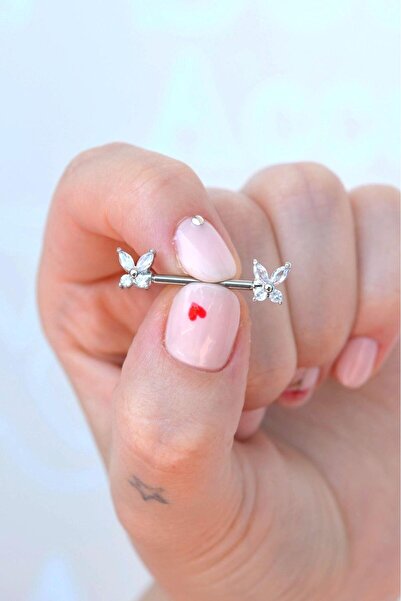 Sacce Scarves&Accessories Gümüş Renkli Kelebekli Çelik Nipple Piercingi Keleb...