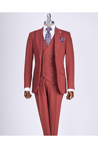 TerziAdemAltun Brick Color Italian Style Slim Fit Jacket and Vest Set - T13496