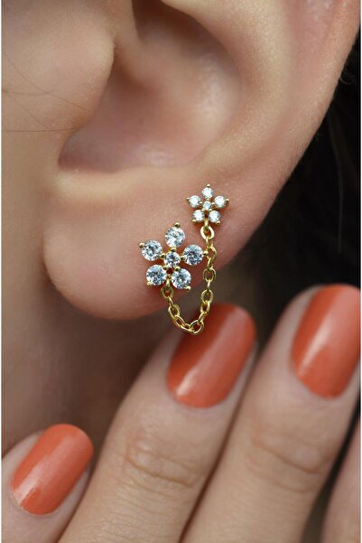 Sacce Scarves&Accessories Gold Zincirli Çiçek Ikili Piercing Helix Kıkırdak