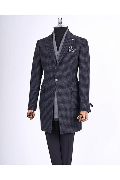 TerziAdemAltun Palton pentru bărbați cu cusătură antracit - stil italian, slim fit, rever cu vârf, amestec de lână T13457