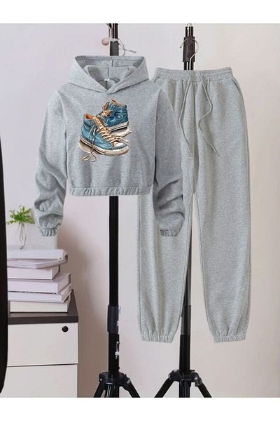 cm buseyiz Stop-Shoes Printed Sweat Crop&Elastic Bottom Girls' Tracksuit Set