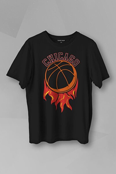 Kendim Seçtim Unisex T-shirt Košarkaška sportska majica Chicago Tekst Crna Št...