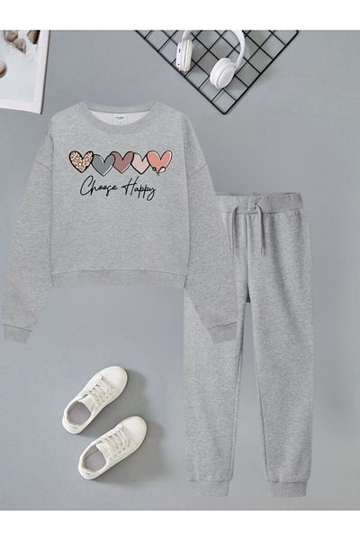cm buseyiz Colorful Heart Printed Crew Neck Girl's Tracksuit Set