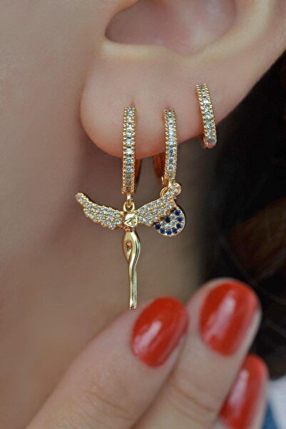 Sacce Scarves&Accessories Altın Renkli Melek Detaylı Üçlü Küpe Seti