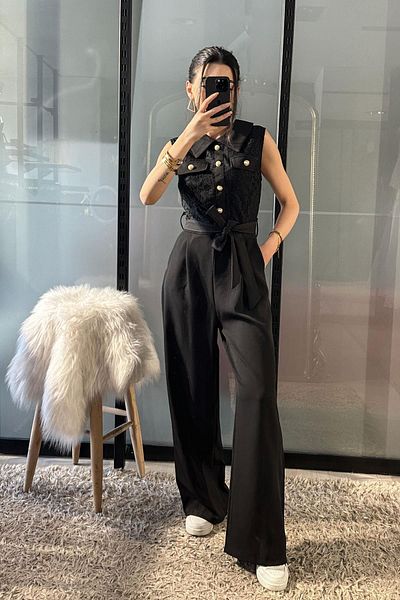 Natavanbutık Lace Detailed Buttoned Black Jumpsuit