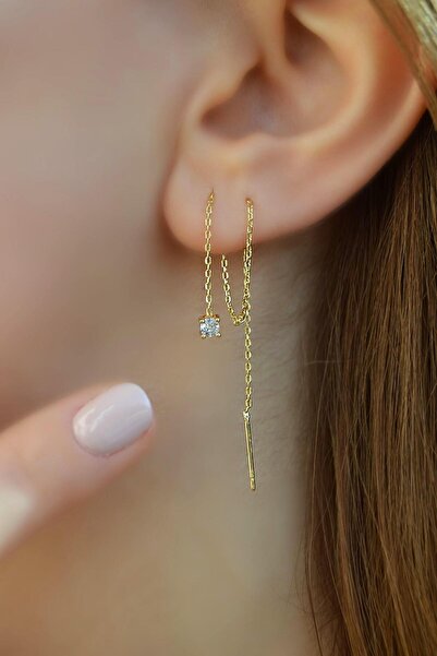 Sacce Scarves&Accessories 3 mm Tektaşlı Uzun Zincir Küpe Geçmeli Dolanan Zincirli Küpe