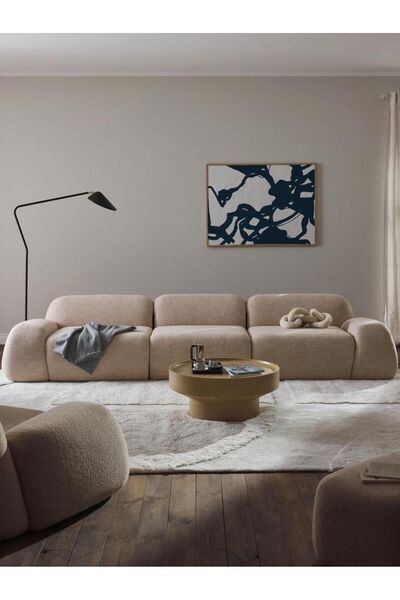 Mobilya Depom Mode Pier Üçlü Kanepe 3 Modül 02 Bej Bukle Kumaş Işbir Sünger (...
