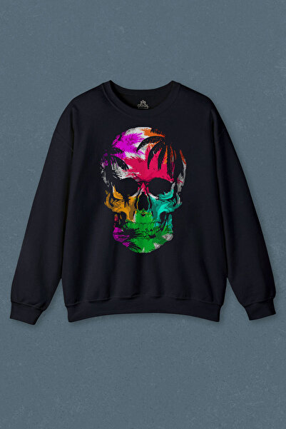 so cool Hanorac unisex bleumarin - cap de craniu și craniu colorat imprimat cu curcubeu