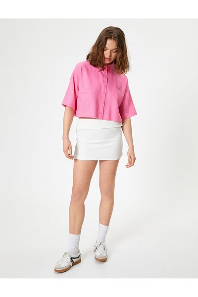 Koton Short Sleeve Pocketed Crop Linen Shirt - Comfortable Fit