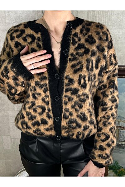 MODA Sınırlı Stok! Leopar Desenli Sakallı Triko Hırka - Yumuşak ve Şık Tasarım