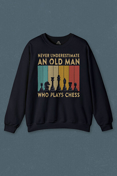 so cool سويت شيرت أزرق داكن مطبوع عليه شطرنج ريترو فينتاج للجنسين